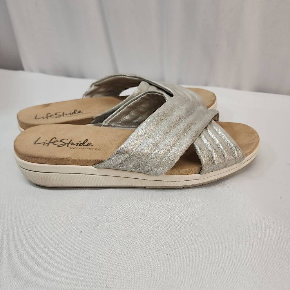 Life Stirde Size 10 Panama Metalic Silver Cross Strap Slide Comfy Sandals - Picture 2 of 7